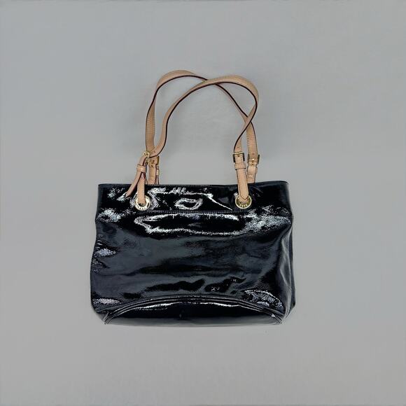 Michael Kors Black Patent Leather Tote Bag with Beige Straps - Picture 1 of 4